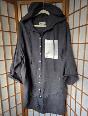 NEW WOMENS LU.EL MADE IN LITHUANIA 100% GRAY LINEN HOODED RELAXED TUNIC 36/M